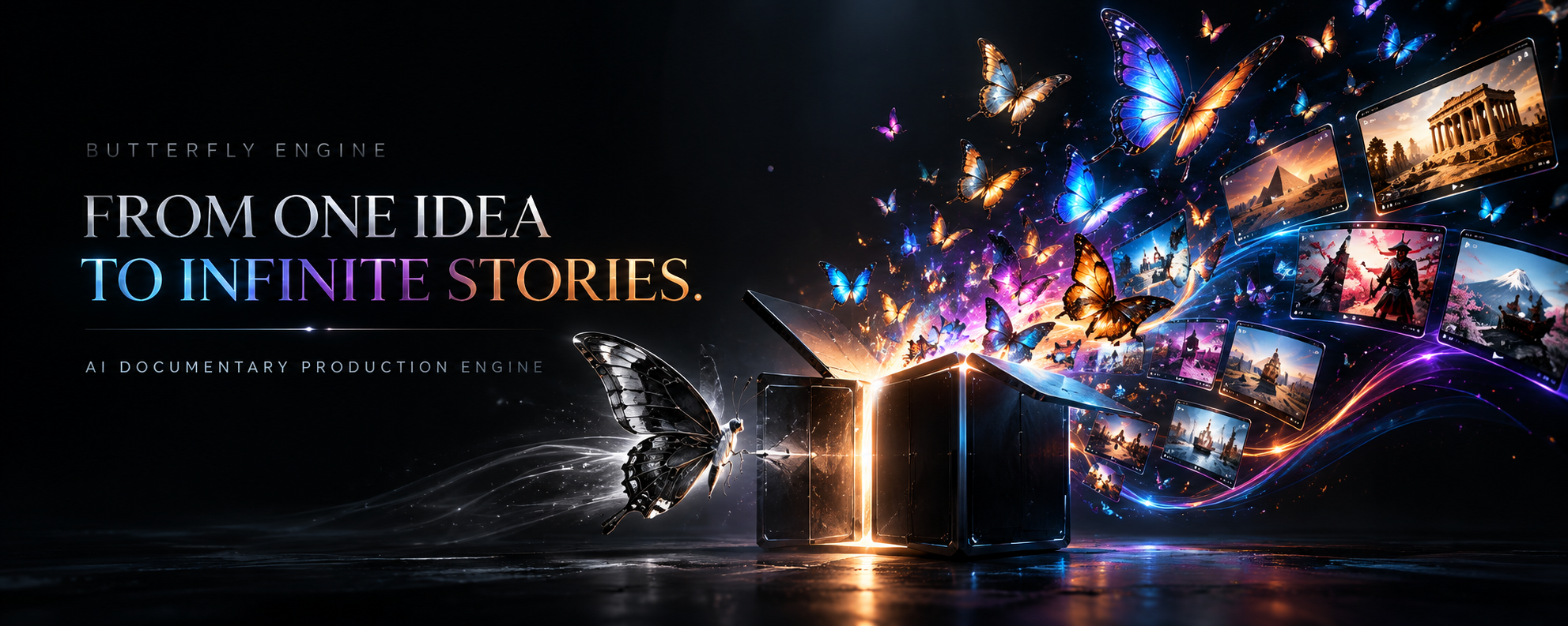 Butterfly Engine artwork: a mechanical butterfly transforms one idea into a constellation of documentary stories